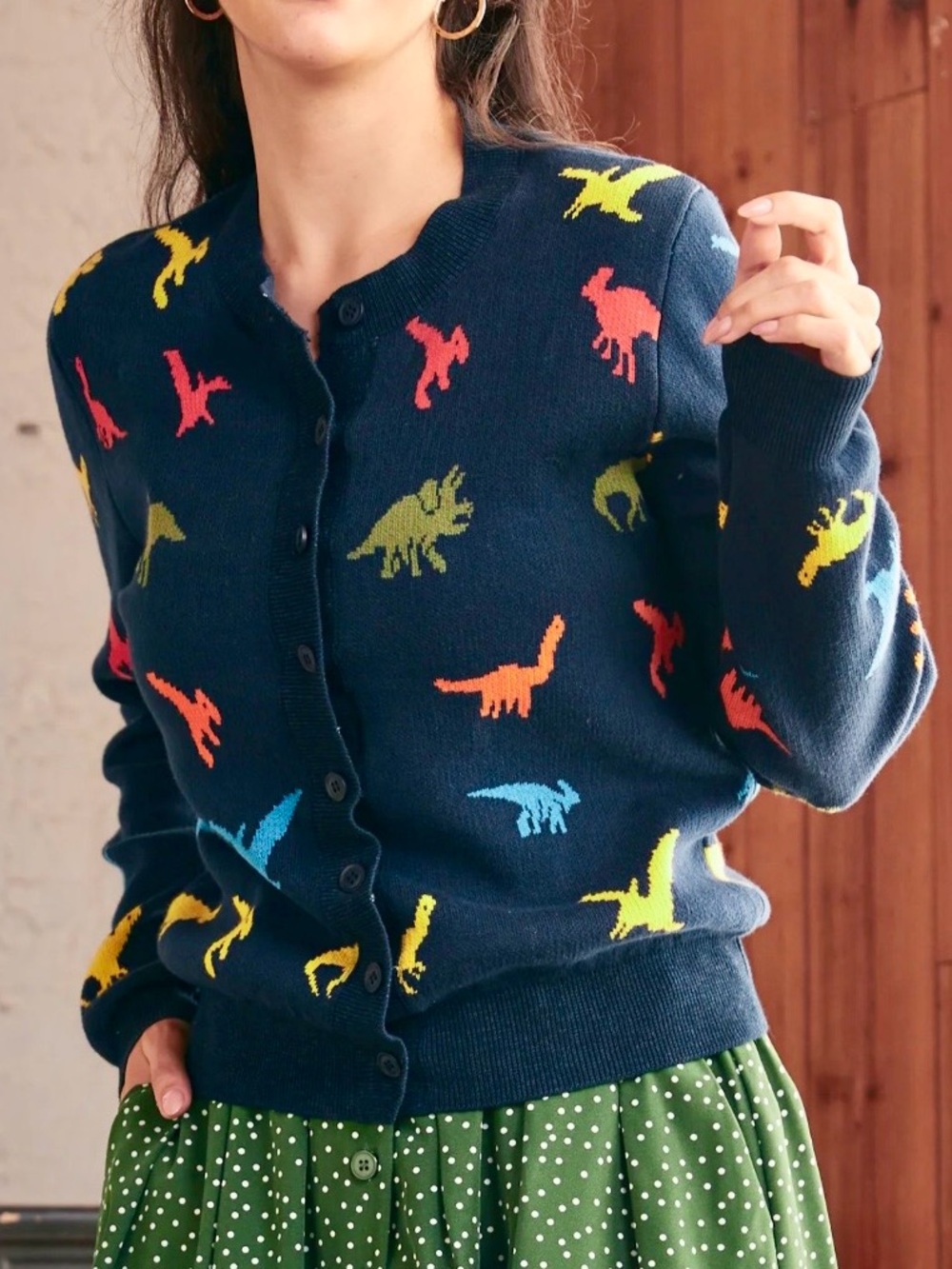 Modcloth Old Soul Classic Dino Cardigan Large Colorful Dinosaur Print EUC - Picture 5 of 12